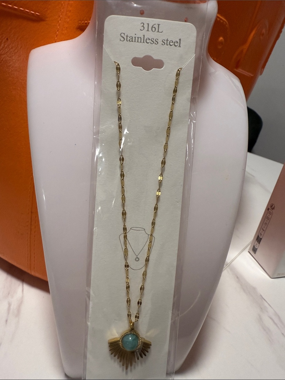 Gold Tone Layered Necklace with Turquoise Stone Pendant - 316L Stainless Steel